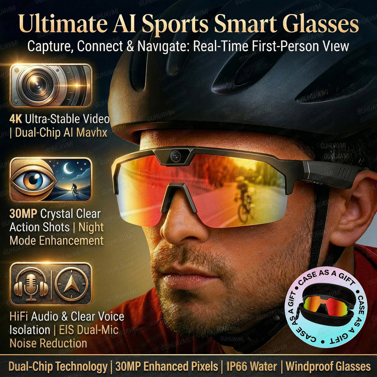 2026New AI Smart Glasses ChatGPT 1200P Camera 30MP Anti-shake Cycling Video&Photo Sport Sunglasses DualMic 4GB Windproof Goggles