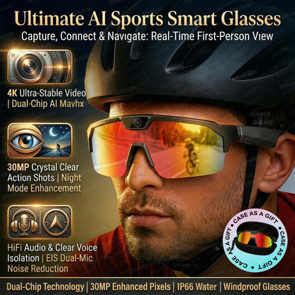 2026New AI Smart Glasses ChatGPT 1200P Camera 30MP Anti-shake Cycling Video&Photo Sport Sunglasses DualMic 4GB Windproof Goggles