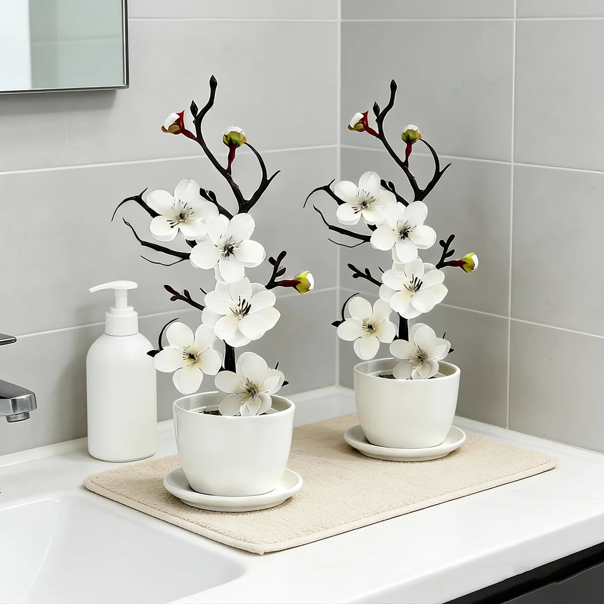 2Pcs Realistic Cream White Wintersweet Artificial Flowers, All-Season Faux Flowers for Holiday Home DIY Decor (No Vase)