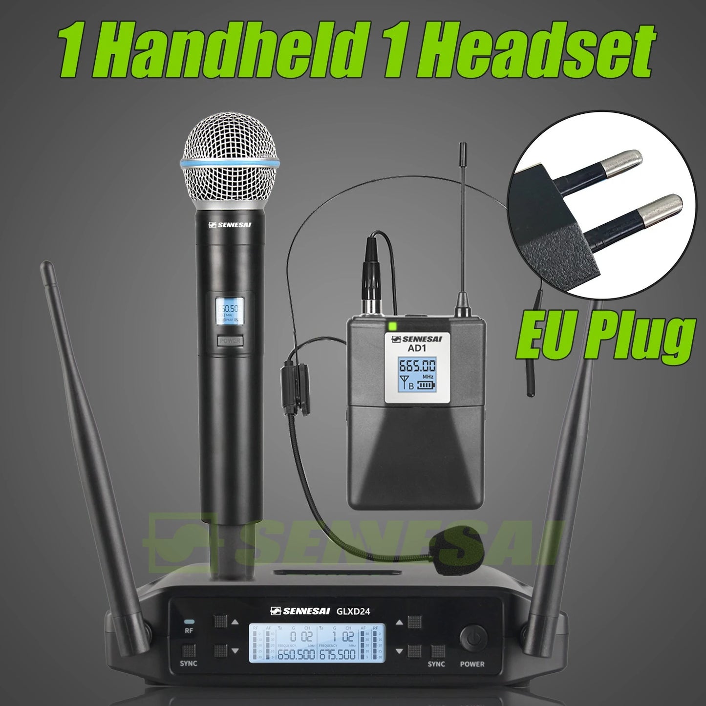 SENNESAI GLXD24 B58 Professional Dual Wireless Microphone 600-699MHz System Stage Performances UHF Dynamic 2 Channel Handheld