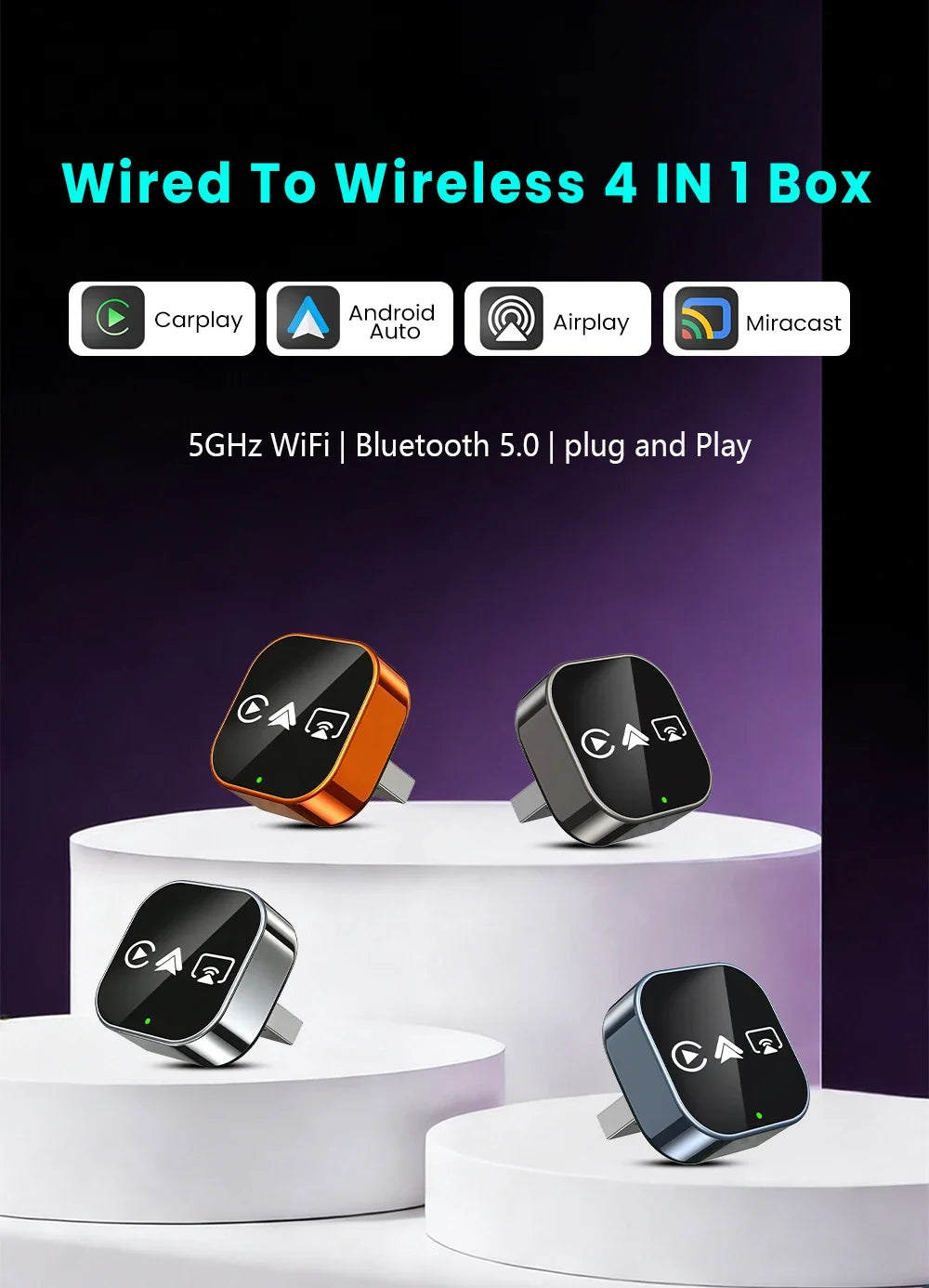 CarRocket 4in1   Carplay Adapter Wired To Wireless Android Auto Mirror Link Smart MiNi Ai Box USB Plug and Play Bluetooth WiFi