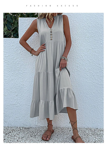 Casual Summer Midi Dress Women Sleeveless Tank V Neck Buttons Ruffle Loose Dresses Beach Soild Sundress Fashion