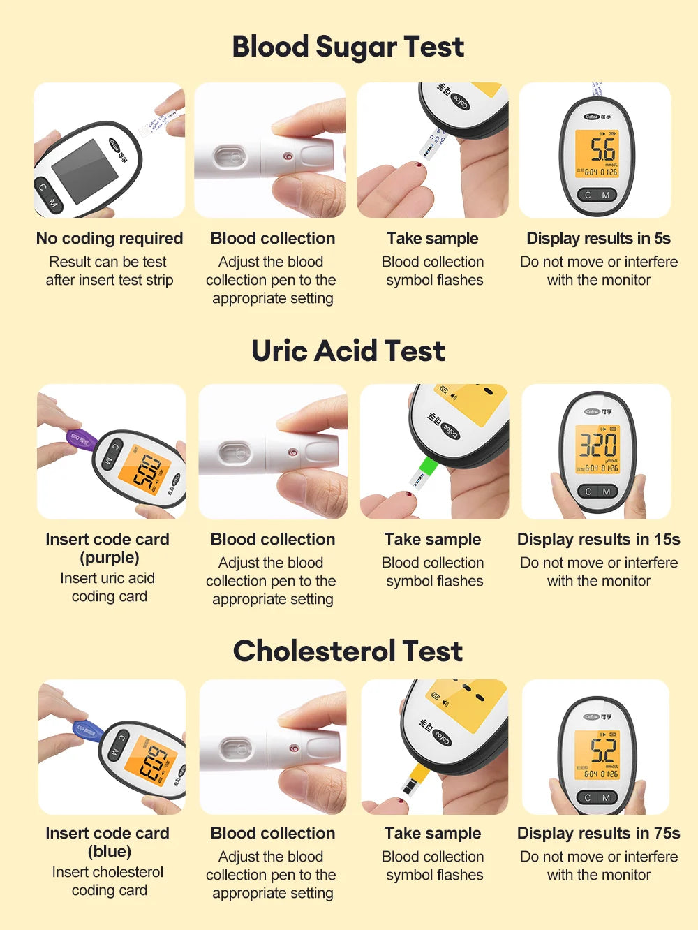 Cofoe Uric Acid, Glucose, Cholesterol 3-in-1 Monitor - Medical Grade Accuracy Blood Glucose Meter Uric Acid Cholesterol Monitor