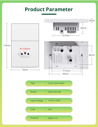 Zemismart Zigbee Brazil Outlet 10A 20A Brazilian Socket Work with Tuya Smart life Google Home Smartthings Homekit Control via M6