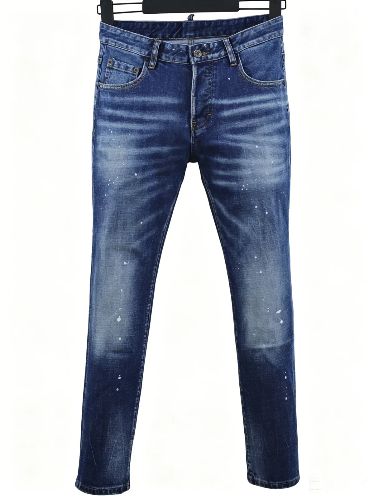 6057 Four Seasons New Men's Wear Washed Ripped Patch Paint Slim-fit Feet Blue Jeans for Men