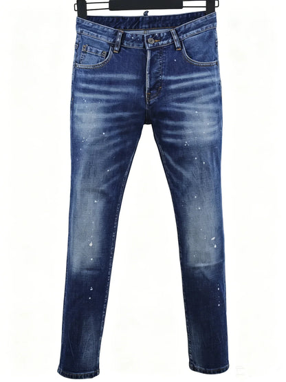 6057 Four Seasons New Men's Wear Washed Ripped Patch Paint Slim-fit Feet Blue Jeans for Men