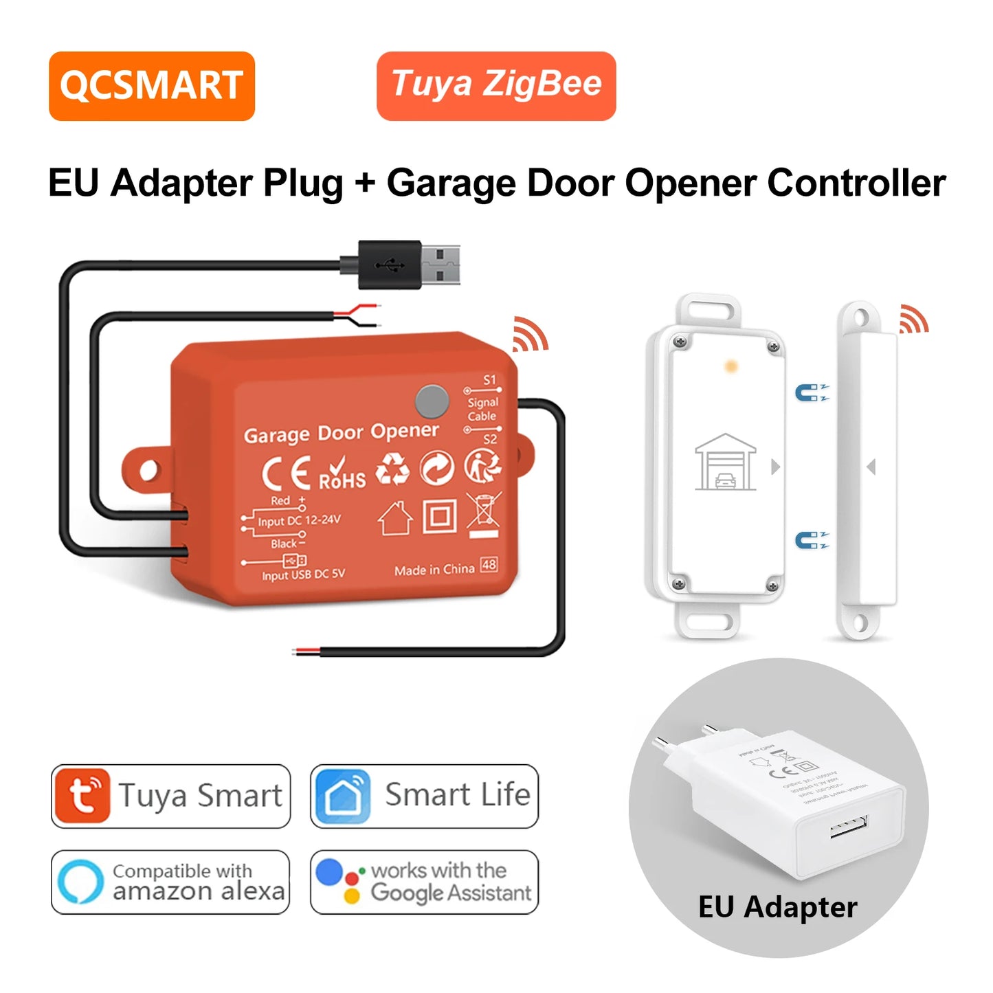 QCSMART ZigBee Garage Door Wireless Waterproof Sensor Opener Controller Control Smart Life Works with Google Assistant Alexa