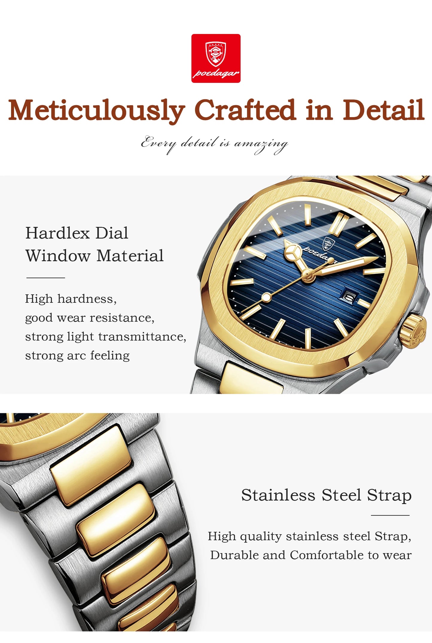 POEDAGAR Fashion Square Watches For Woman Waterproof Luminous Date Ladies Watch Stainless Steel Luxury Quartz Women's Wristwatch