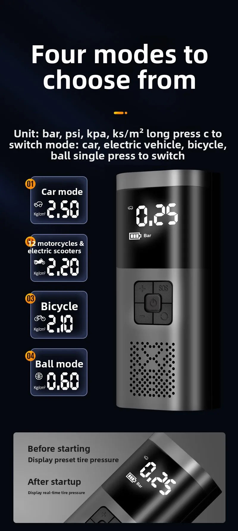 3-in-1 Wireless Car Inflator - Handheld Jump Starter & Power Bank for Car, Home & E-Bike