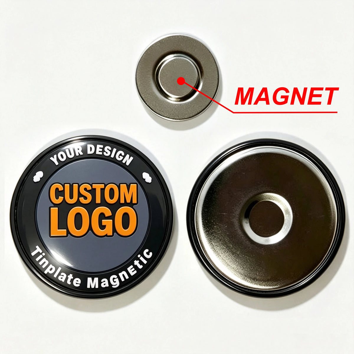 Custom round Magnetic Badges Tinplate Material Personalized Chest Badges with Images Logos Or Designs No Minimum Order