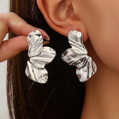 Stainless Steel Golden Double Layered Five Petal Flower Earring for Women Vintage Stripe Flower Dangle Earrings Jewelry Gifts