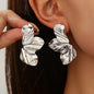 Stainless Steel Golden Double Layered Five Petal Flower Earring for Women Vintage Stripe Flower Dangle Earrings Jewelry Gifts