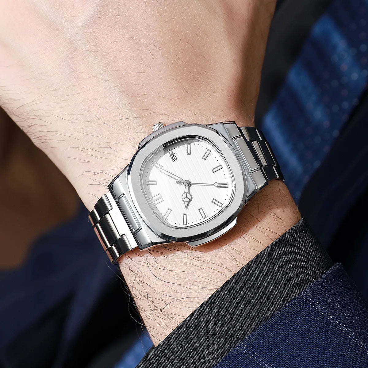 3PCS Fashion Men Business Watches Bracelet Necklace Set Square Dial Stainless Steel Band Quartz Watch with Calendar（Without Box）