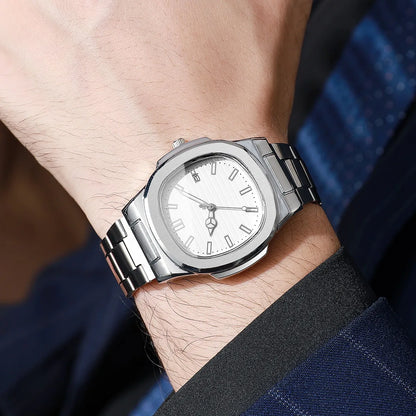 3PCS Fashion Men Business Watches Bracelet Necklace Set Square Dial Stainless Steel Band Quartz Watch with Calendar（Without Box）
