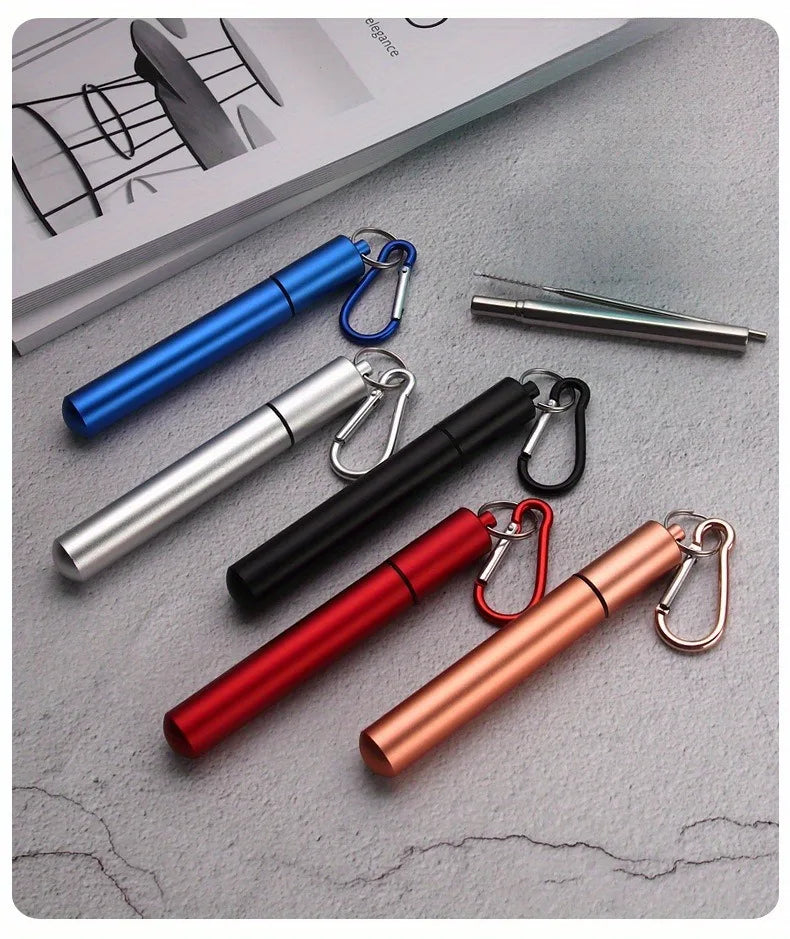 304 Stainless Steel Retractable Straw Kit, Portable Aluminum Tube, Outdoor Folding Straw Kit, with Cleaning Brush, Colors, Trave