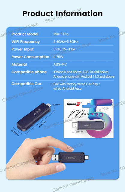 Mini 5 Pro CarlinKit 5.0 Wireless CarPlay Dongle Wireless Android Auto Adapter AI Smart Box Car Intelligent Systems For OEM Car