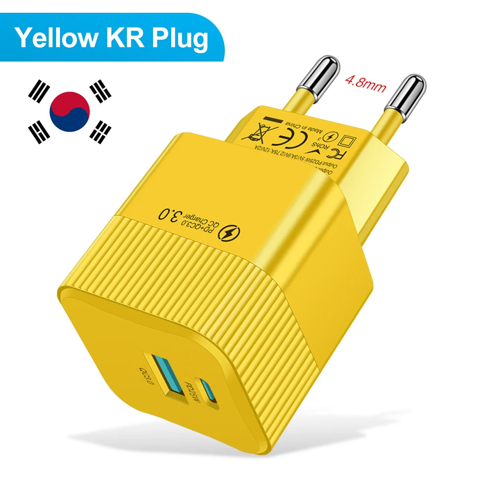 2 Ports PD 25W USB C Fast Charger KR EU  Mini Travel Plug Phone Fast Charging Adapter for iPhone 15 Pro Max Oneplus