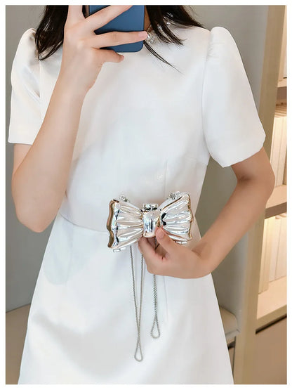 Luxury Designer Mini Bowknot Evening Bag for Women Girls Crossbody Handbag Chain Shoulder Bags Metal Purse for Party Wedding