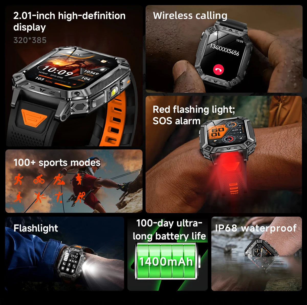 LIGE Wojskowy Inteligentny Zegarek 2.01'' Ekran HD Outdoor Sportowy Męski Zegarek SOS Czerwony Alarm Migająca Latarka Monitor Zdrowia Smartwatch