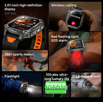 LIGE Wojskowy Inteligentny Zegarek 2.01'' Ekran HD Outdoor Sportowy Męski Zegarek SOS Czerwony Alarm Migająca Latarka Monitor Zdrowia Smartwatch