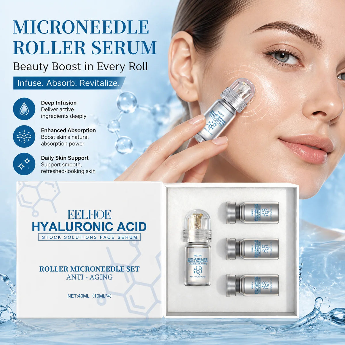 0.25mm Niacinamide Microneedle Serum Facial Serum Kit Roller Massage Design Home Beauty Refreshing Gentle Non-Irritating 30ml