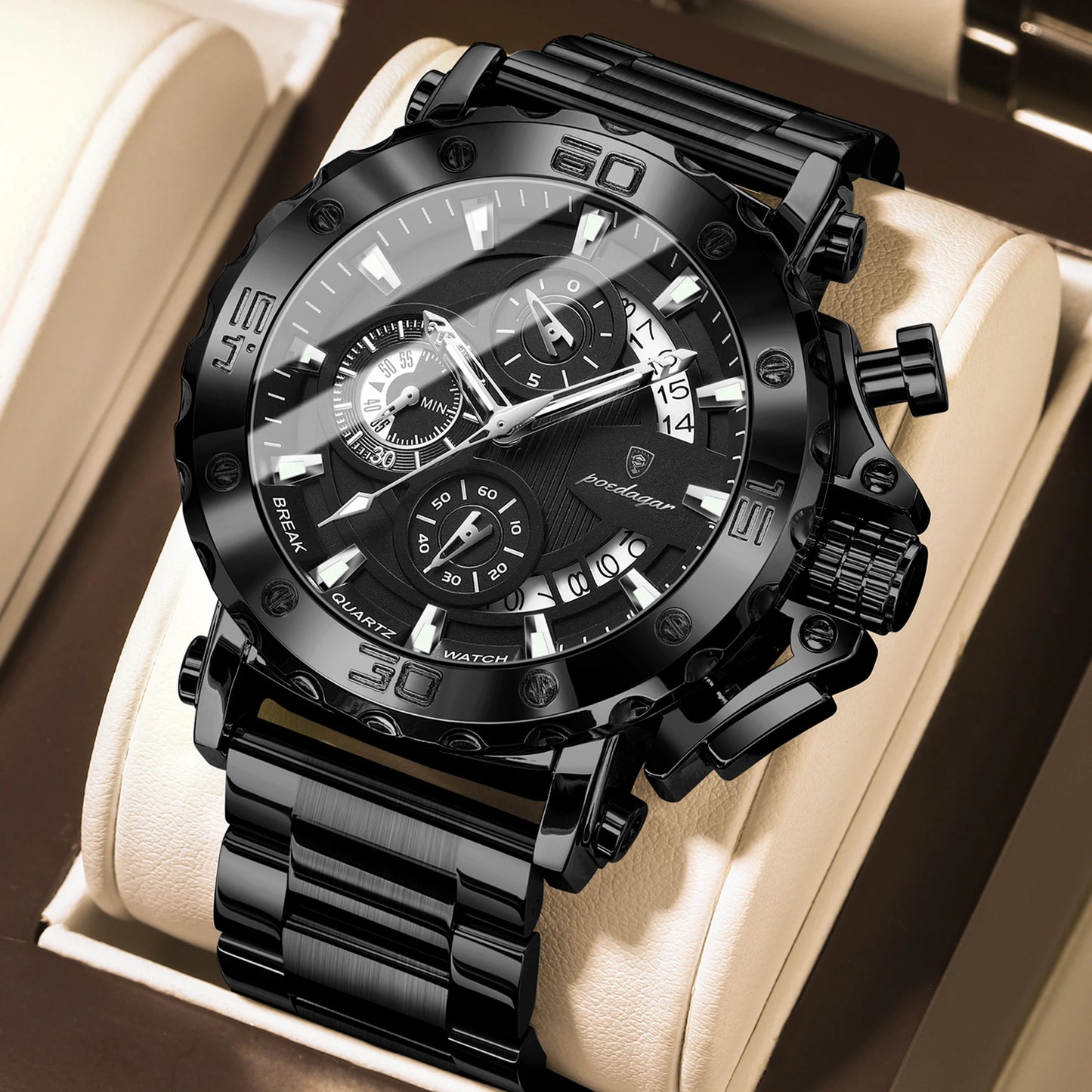 POEDAGAR Top Business Men's Wristwatch Luminous Waterproof Man Clock Chronograph Calendar Stainless Steel Quartz Watches For Men