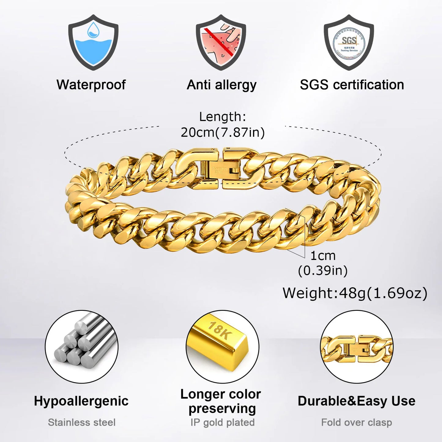 Gold Color Cuban Chain Bracelets for Men,6/8/10/12MM Stainless Steel Chain Link Wristband,Casual Hip Hop Male Jewelry Gift