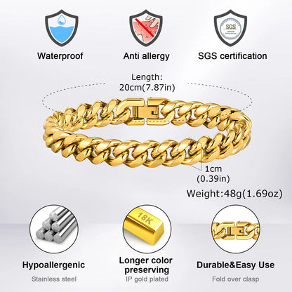 Gold Color Cuban Chain Bracelets for Men,6/8/10/12MM Stainless Steel Chain Link Wristband,Casual Hip Hop Male Jewelry Gift