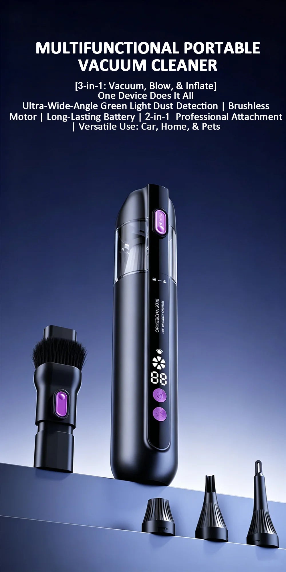 Car Vacuum Cleaner With Brushless Motor Lighting Handheld Vacuum Portable Cordless Compressed Air Duster For Car Home Office