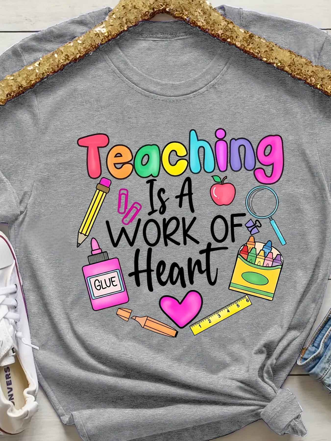 Teaching Is A Work Of Heart Women's Tee - Colorful Teacher Graphic, Casual Purple Top