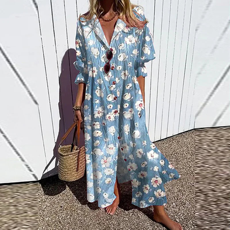 Women's Elegant Plus Size Pleated Short Sleeve V Neck Long Dresses Sweet Style High Waist Printed Dress Female Casual Loose Gown