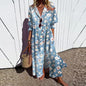 Women's Elegant Plus Size Pleated Short Sleeve V Neck Long Dresses Sweet Style High Waist Printed Dress Female Casual Loose Gown