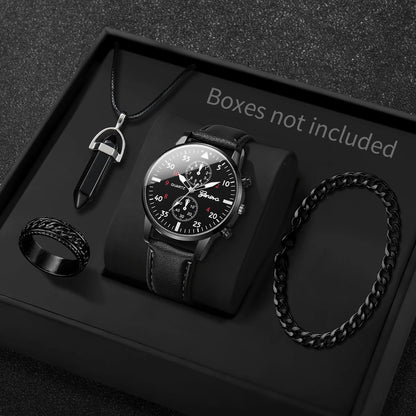 4PCS Fashion Men Business Watches Jewelry Set Casual Arabic Dial Male Leather Strap Quartz Wristwatch Reloj Hombre (Without Box)