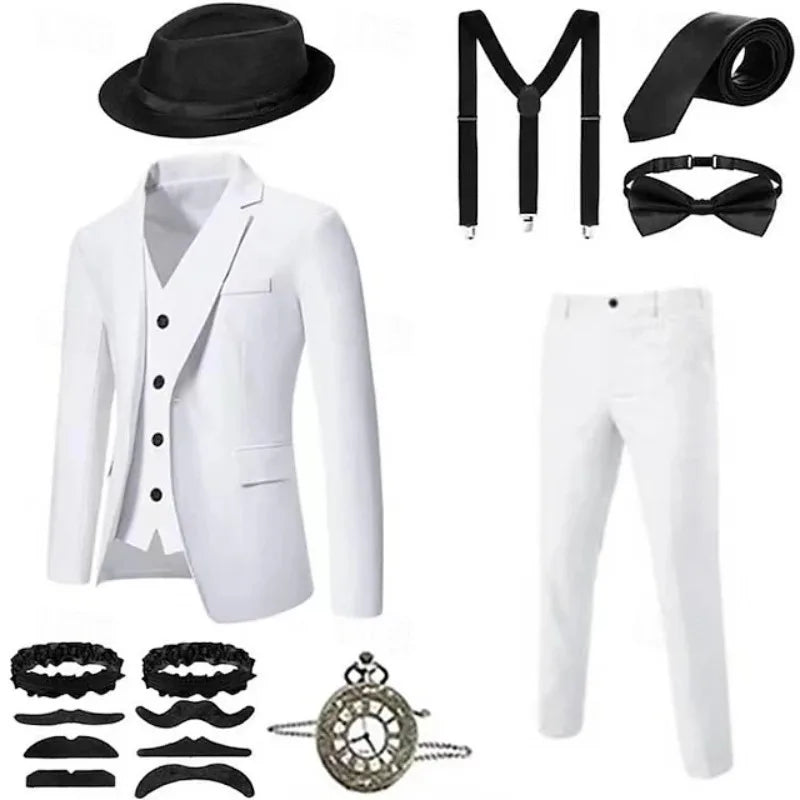 Retro Gatsby 1920S Men's Slim Fit Suit Set with Hat Vest Shirt for Engagement Party Dress Up