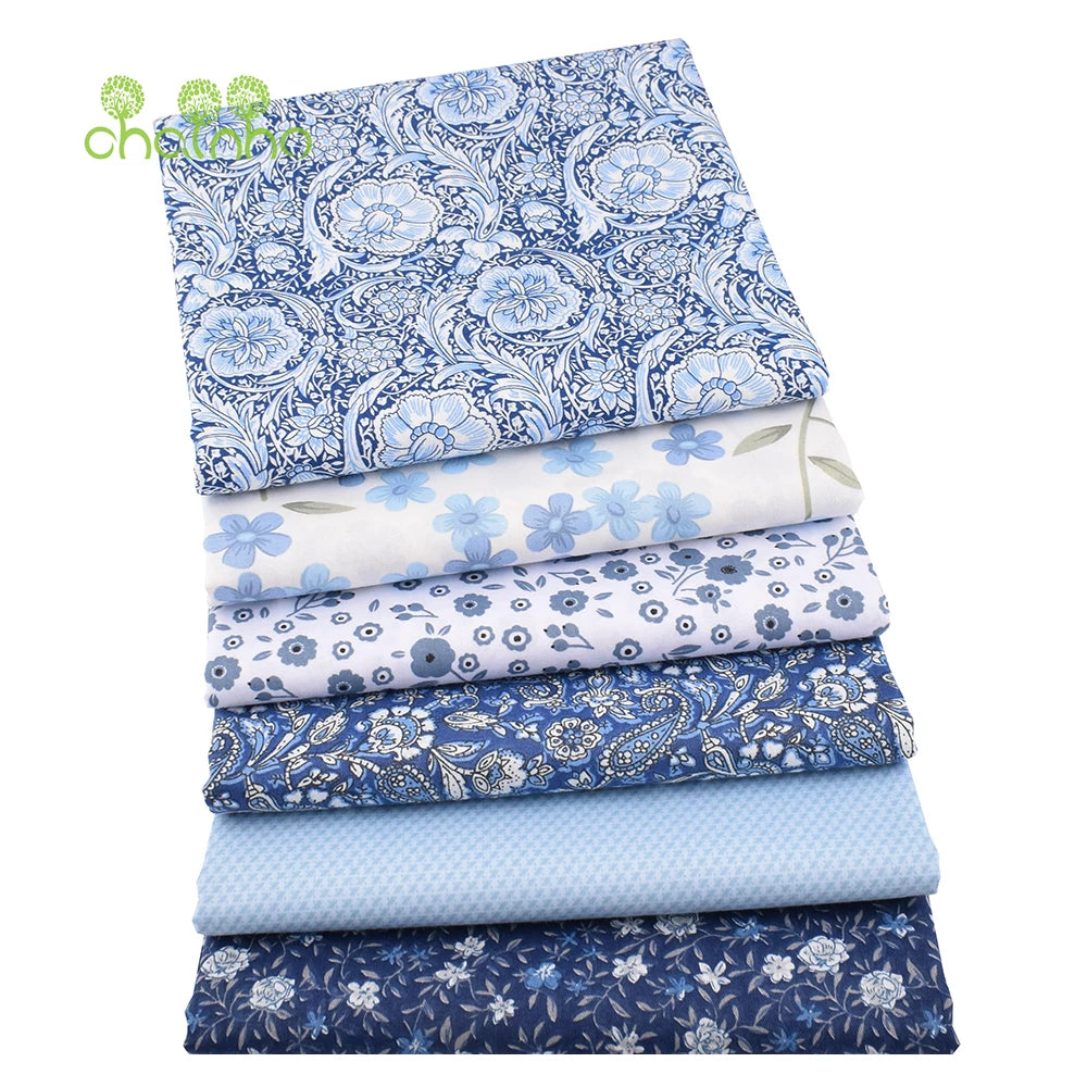 Chainho,Printed Twill Weave Cotton Fabric,DIY Qulting Sewing Material,Patchwork Cloth,Blue Series,6 Designs,3 Spiecification