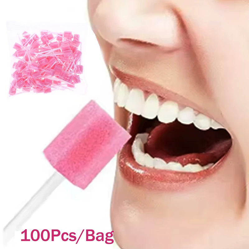 【100Pcs Disposable Oral Care Sponge Sticks Oral Swabs Single Use Stick Plum Blossom Shape Cleaning Accessories】