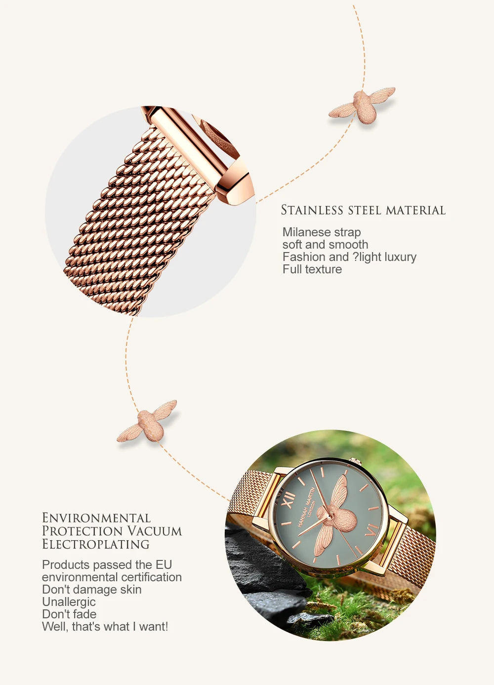 Hannah Martin 2023 New Women Luxury Watch Rose Gold 31mm Classic Casual Girl Dress Watch Bracelet Set 3D Engraved Bee Dial Clock