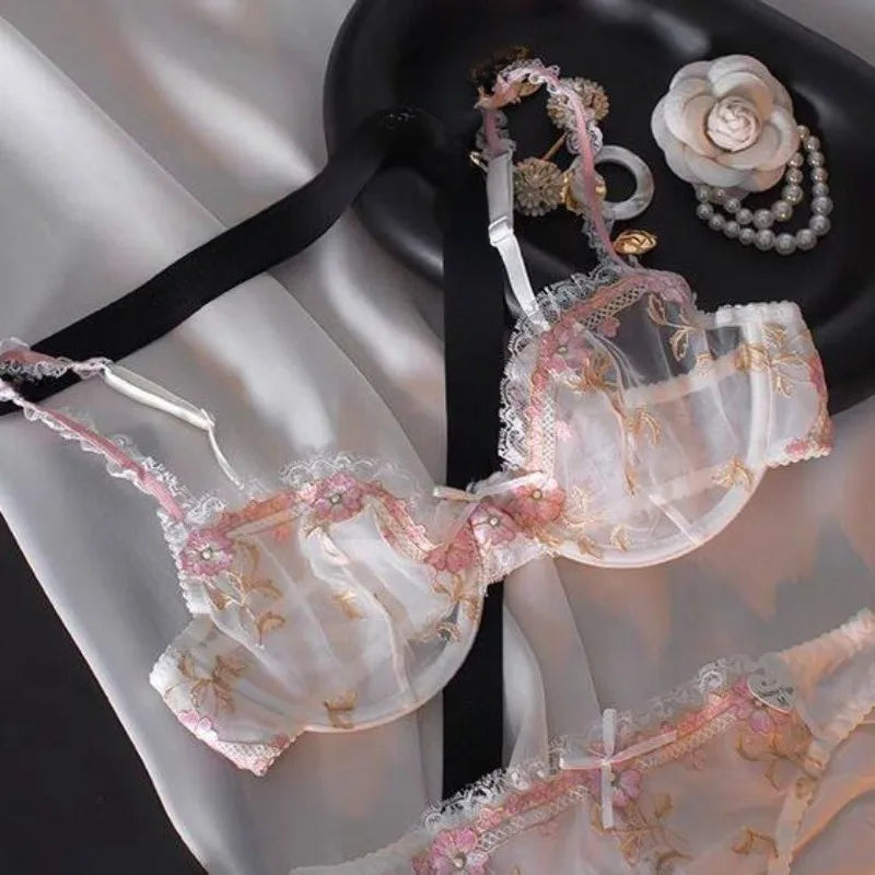 French Embroidered Lace Sheer Bra Set Women, Thin No Sponge Cups, Anti-Slip Support, Large Breasts Small Soft Comfort Wear S-xl