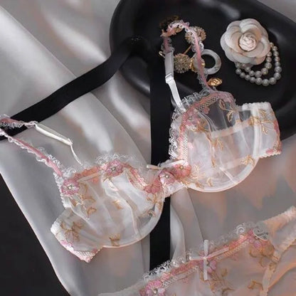 French Embroidered Lace Sheer Bra Set Women, Thin No Sponge Cups, Anti-Slip Support, Large Breasts Small Soft Comfort Wear S-xl