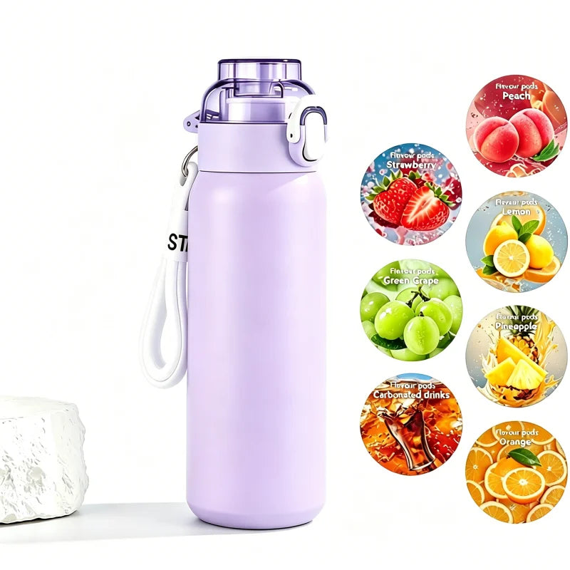LUSQI 304 Stainless Steel Vacuum Insulated Water Bottle With 7 Flavor Pods 600/800ml Portable Thermos Outdoor Sports Water Cup