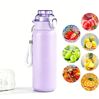 LUSQI 304 Stainless Steel Vacuum Insulated Water Bottle With 7 Flavor Pods 600/800ml Portable Thermos Outdoor Sports Water Cup