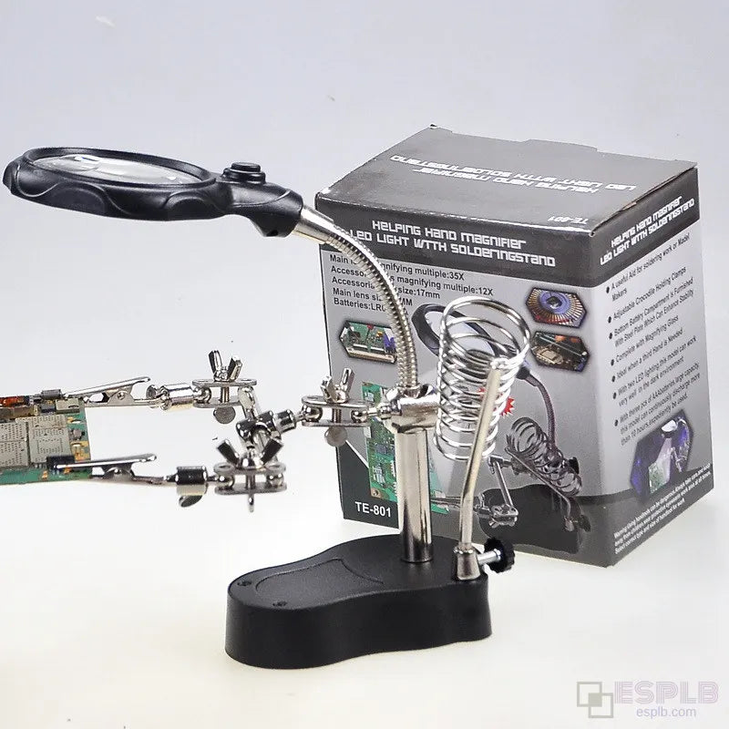 ESPLB 3.5X 12X Helping Hands Third Hand Soldering Iron Welding Stand Station with 2 LED Clip Welding Magnifier Magnifying Glass