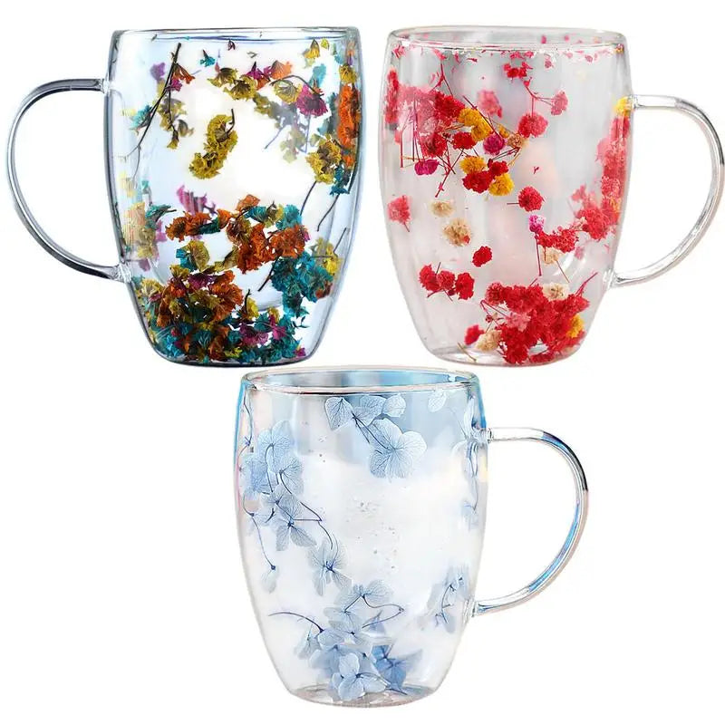 Insulated Layer Flowers Coffee Cup Double Walled Glass Coffee Mug Handle Anti-Scald Glass Mugs Dried Flowers Heat Insulation cup