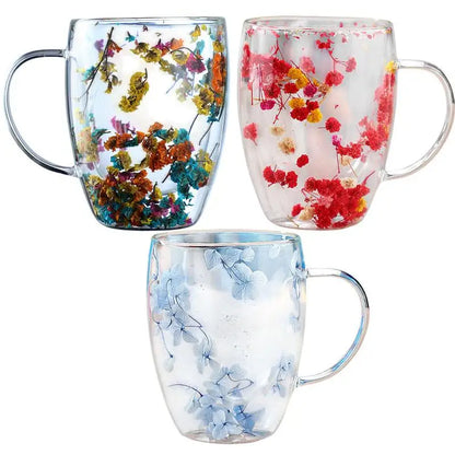 Insulated Layer Flowers Coffee Cup Double Walled Glass Coffee Mug Handle Anti-Scald Glass Mugs Dried Flowers Heat Insulation cup
