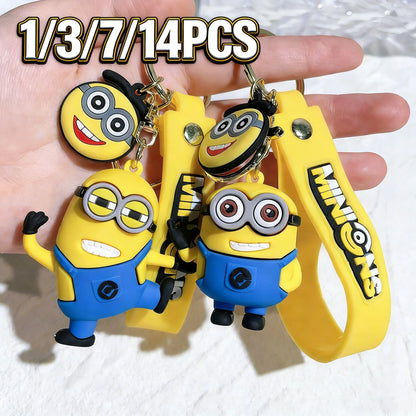 1/3/7/14PCS New Popular Anime Minions Keychain Cartoon PVC Children Toy Gift Cute Key Ring School Bag Pendant Car Key Chain