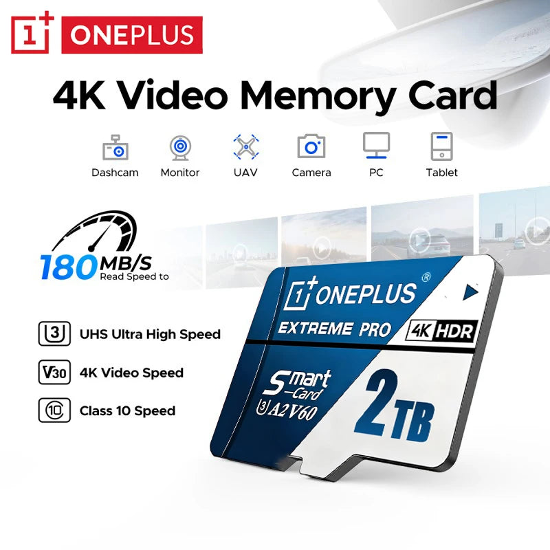 OnePlus 2TB High-Speed V30 A2 U3 4K SD Card 512GB 256GB Memory Card 1TB Micro TF SD Adapter for Smart phone/Tablet/PC Cross-Use