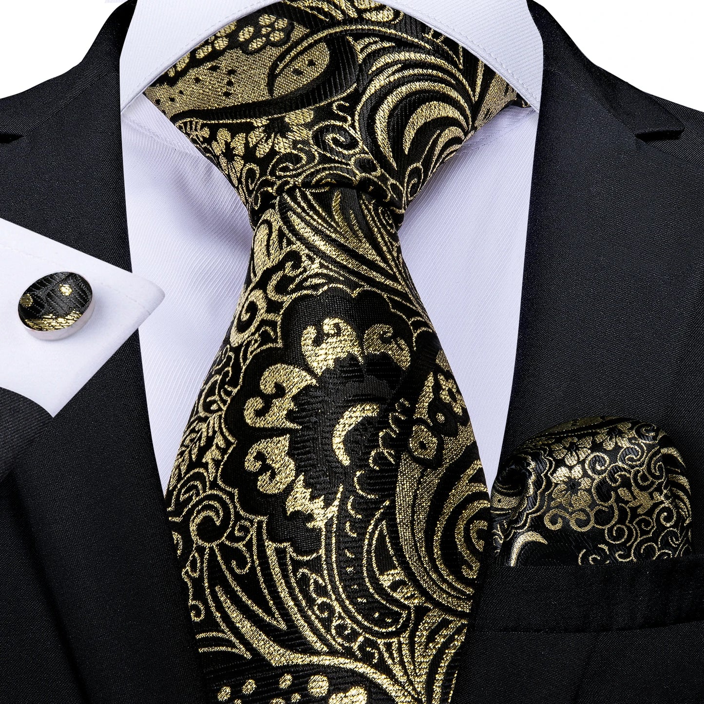 Luxury Black Gold Paisley Striped Floral Silk Men's Tie Set Handkerchief Cufflinks Wedding Party Accessories Groom Gift for Men