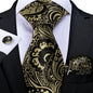 Luxury Black Gold Paisley Striped Floral Silk Men's Tie Set Handkerchief Cufflinks Wedding Party Accessories Groom Gift for Men