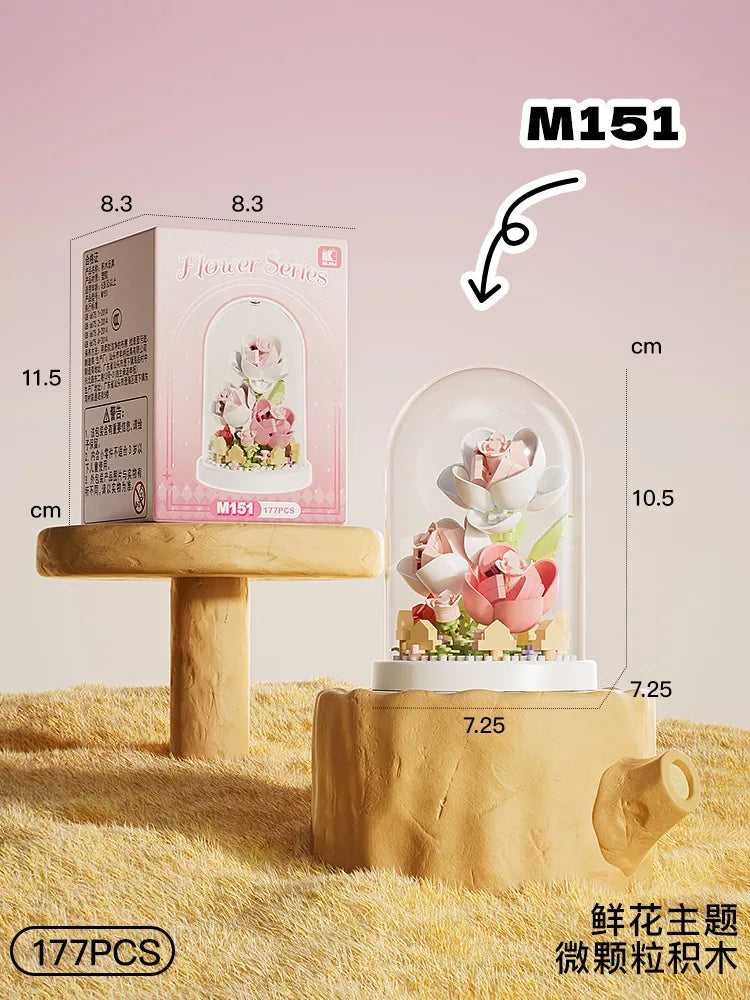 Mini Brick Building Set Rose Flower Model, Creative DIY Building Block Kit for Desk Decor, Birthday Gift for Adults and Teens