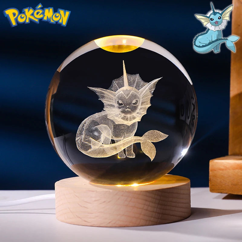 6CM Pokemon 3D Crystal Ball Figure Toy Anime Gengar Rayquaza Pikachu Lugia Vaporeon Glass Ball Model Night Light Room Decoration